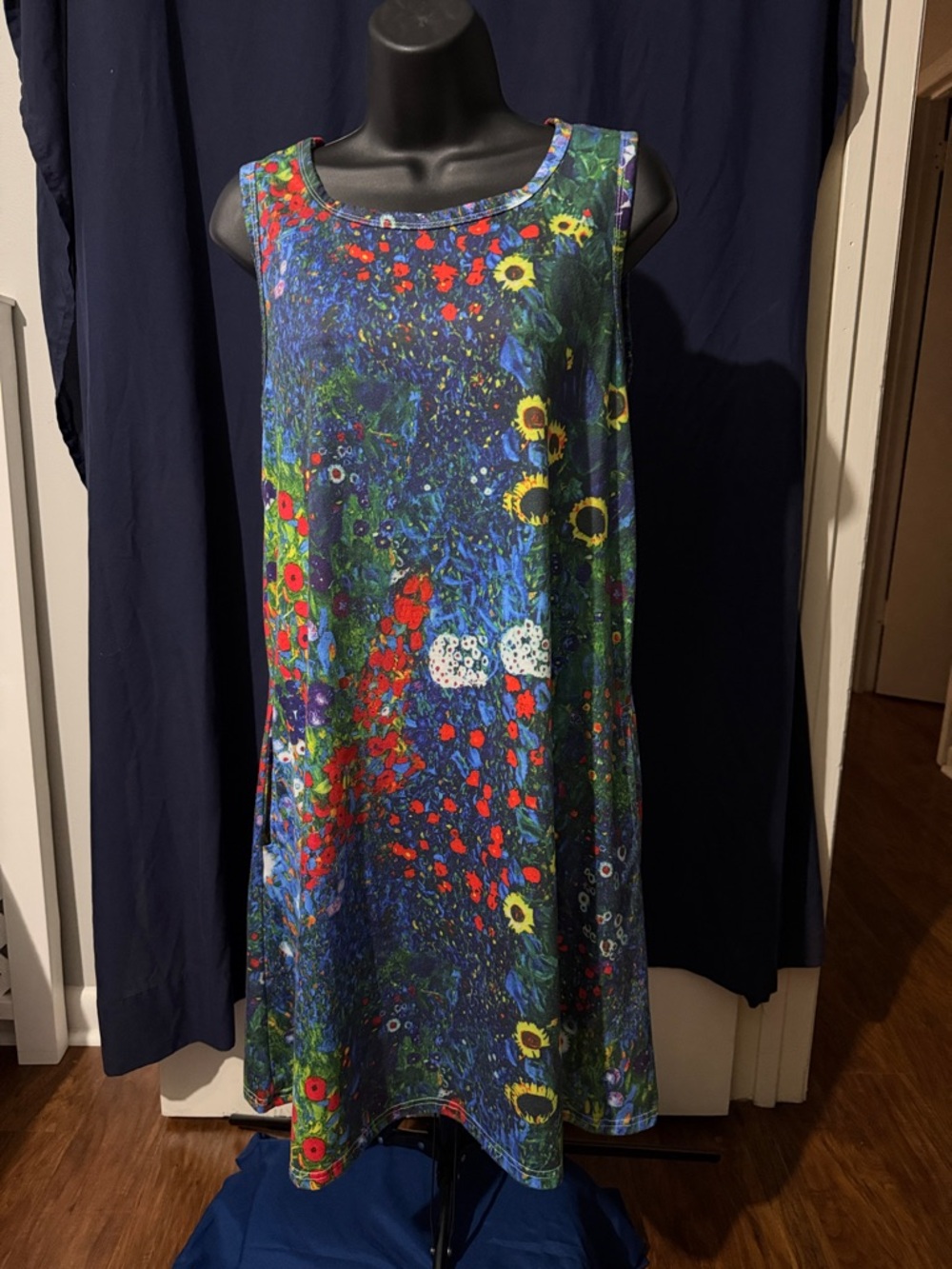 Amazon Blue Floral Print Sleeveless A-Line Dress